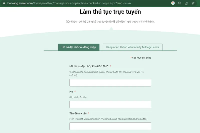 Làm thủ tục trực tuyến trên website của hãng